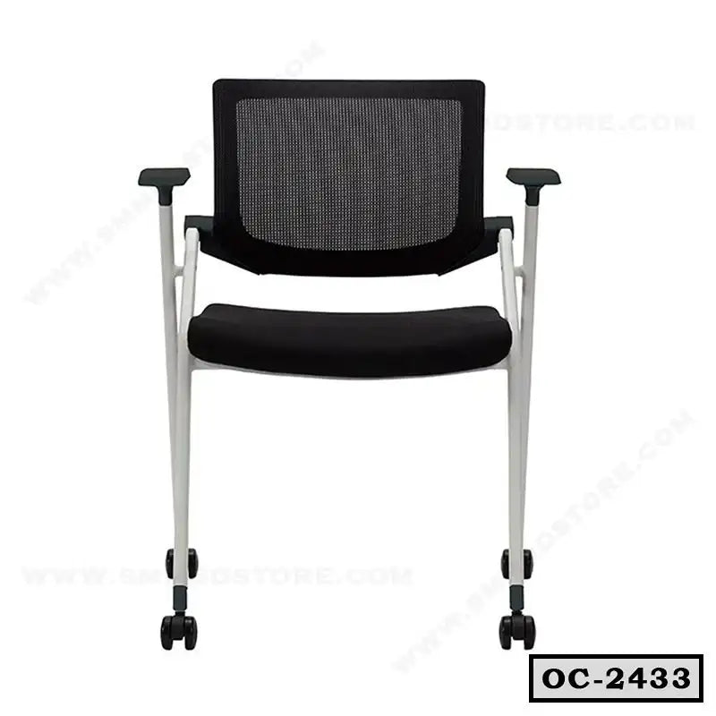 Modern black mesh office chair with armrests and wheels, ergonomic seating design