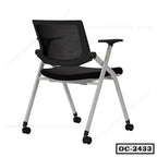 Modern black office chair with mesh backrest, cushioned seat, armrests, and caster wheels
