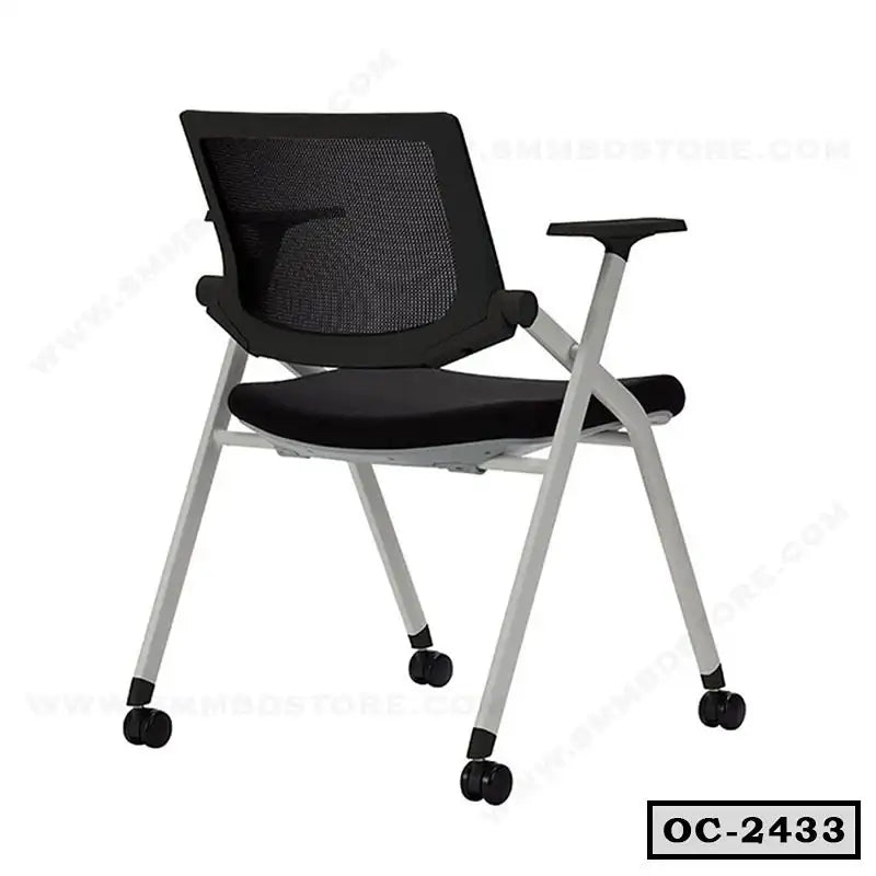 Modern black office chair with mesh backrest, cushioned seat, armrests, and caster wheels
