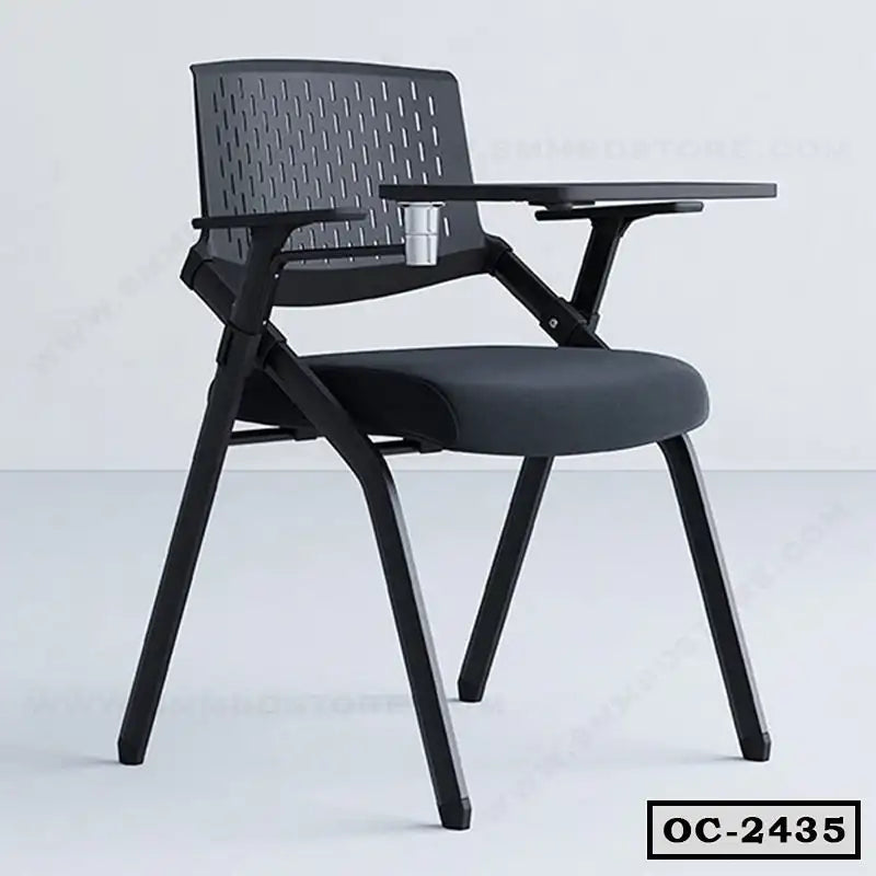 Modern black office chair with writing tablet and metal cup holder, ideal for workspace or training rooms. Main image