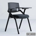 Modern black office chair with writing tablet and metal cup holder, ideal for workspace or training rooms.