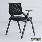 Modern black office chair with armrests and ventilated backrest on a light background