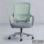 Modern ergonomic office chair with mesh backrest and wheels, light grey and green design