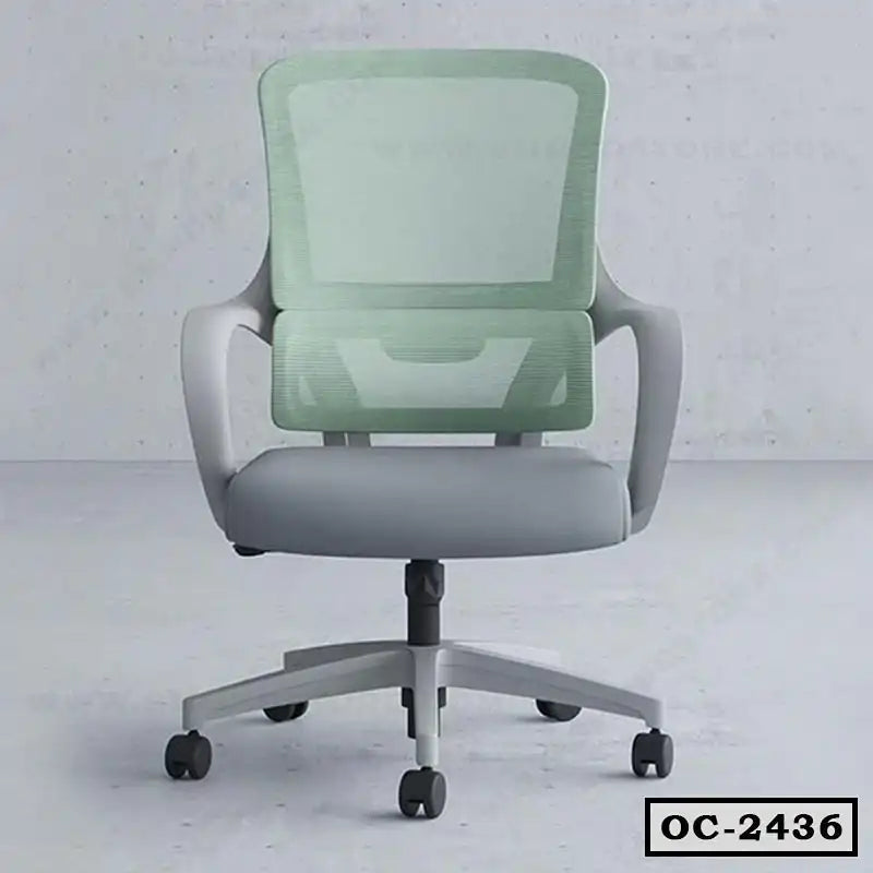 Modern ergonomic office chair with mesh backrest and wheels, light grey and green design