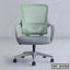 Modern ergonomic office chair with mesh backrest and wheels, light grey and green design