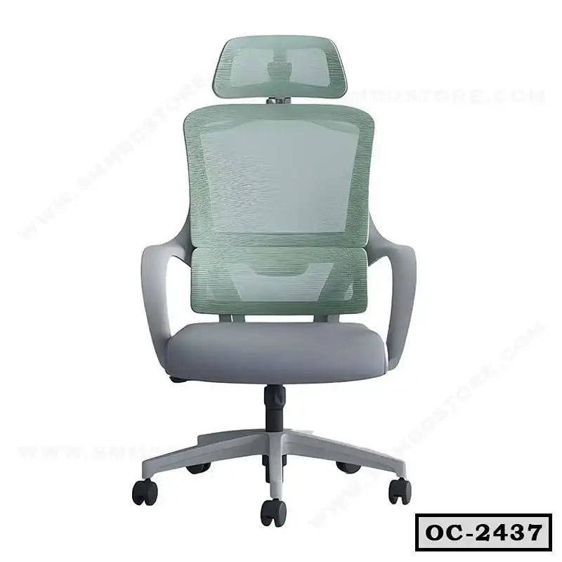 Ergonomic mesh office chair with adjustable headrest and lumbar support on wheels, OC-2437. Main image