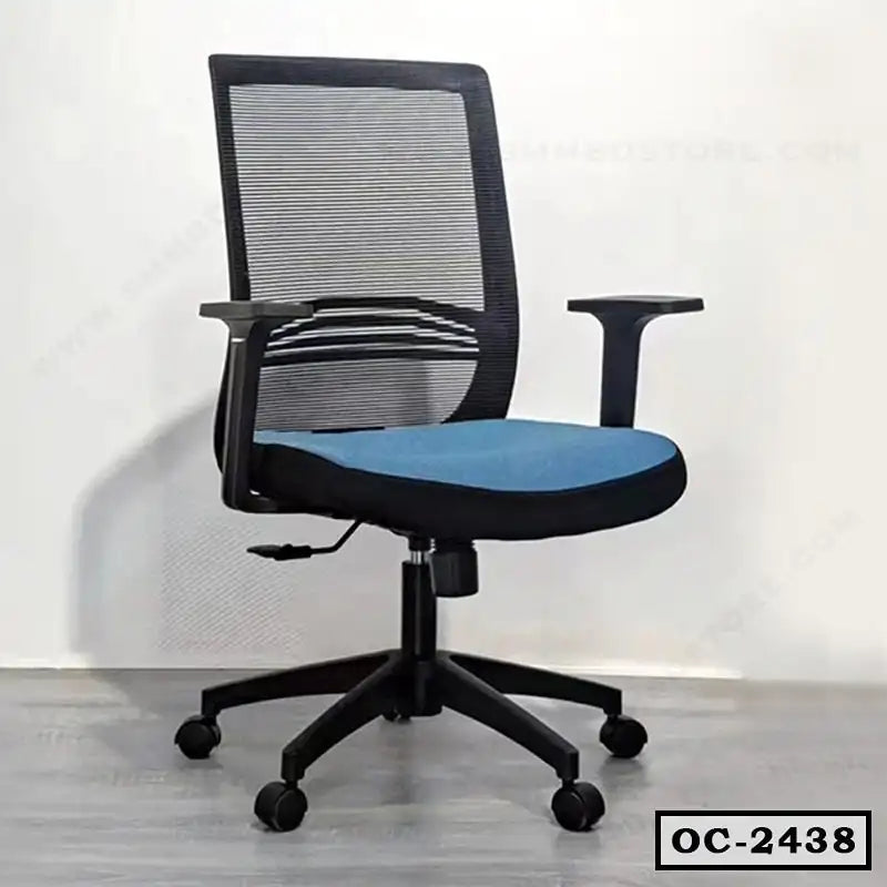 Modern ergonomic office chair with mesh backrest, blue seat cushion, and adjustable arms Main image