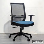 Modern ergonomic office chair with mesh backrest, blue seat cushion, and adjustable arms