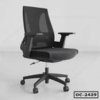 Ergonomic black office chair with mesh back, cushioned seat, and adjustable armrests on wheels