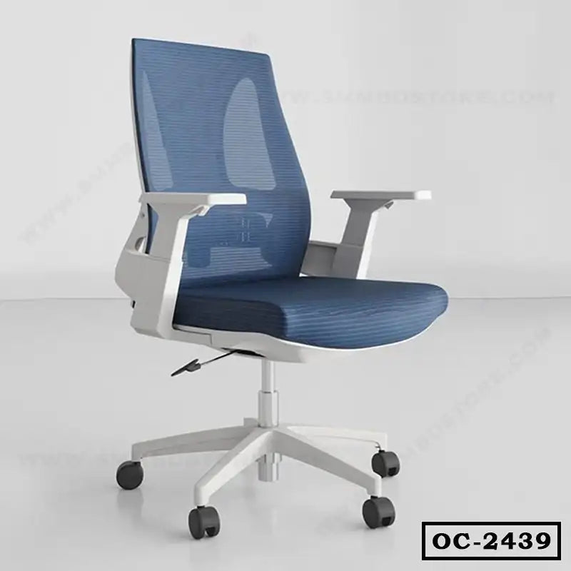 Ergonomic blue mesh office chair with white frame, adjustable arms, and rolling wheels
