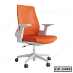 Modern orange ergonomic office chair with adjustable armrests and rolling base