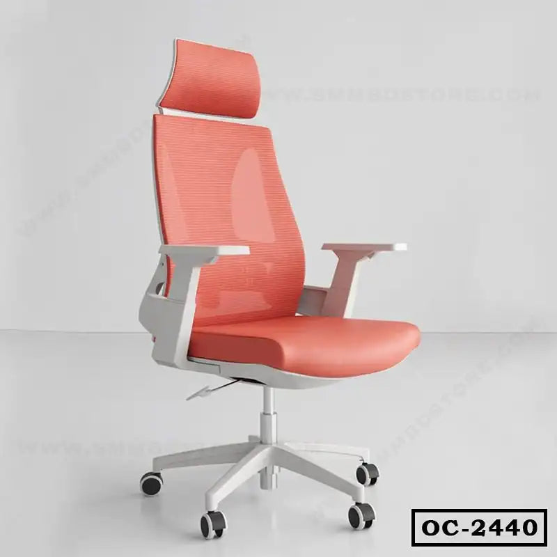 Modern ergonomic office chair with adjustable headrest and armrests, orange mesh design