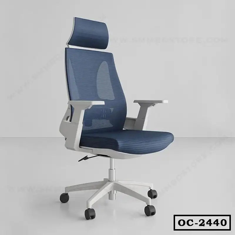 Modern ergonomic blue office chair with headrest and adjustable armrests on wheels.