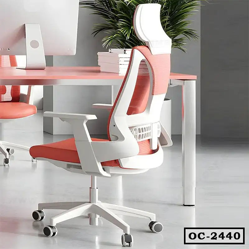 Ergonomic office chair with adjustable headrest and mesh backrest in a modern workspace