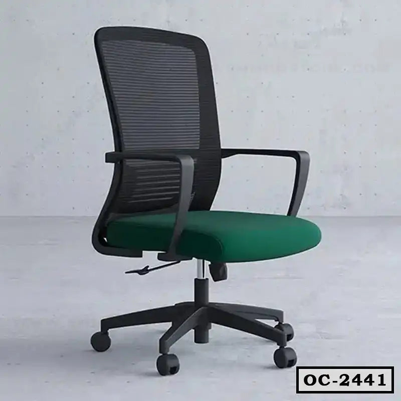 Modern ergonomic office chair with green cushioned seat, mesh backrest, and wheels. Main image