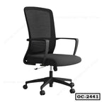 Ergonomic black mesh office chair with armrests and wheels on white background