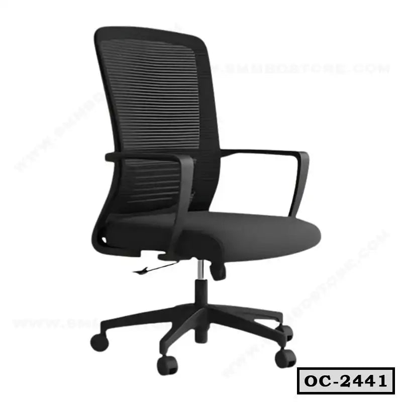 Ergonomic black mesh office chair with armrests and wheels on white background