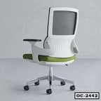 Ergonomic office chair with green cushion, mesh back, and adjustable armrests on casters