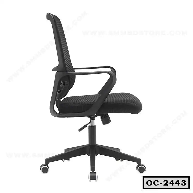 Black ergonomic mesh office chair with armrests and wheels, side view, model OC-2443