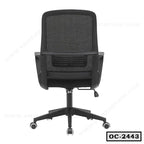 Ergonomic black mesh office chair with adjustable armrests and wheeled base, model OC-2443