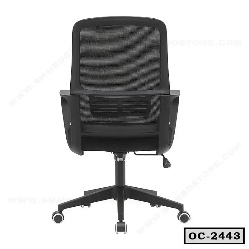 Ergonomic black mesh office chair with adjustable armrests and wheeled base, model OC-2443