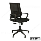 Black ergonomic office chair with mesh back, armrests, and adjustable height on wheels