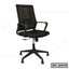 Black ergonomic office chair with mesh back, armrests, and adjustable height on wheels