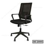 Black ergonomic office chair with mesh back, armrests, and wheels, model OC-2444