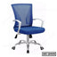 Blue ergonomic office chair with mesh back, armrests, and chrome base on wheels