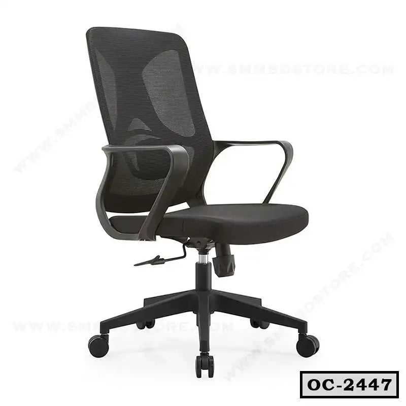 Modern ergonomic black mesh office chair with armrests and adjustable height, model OC-2447.