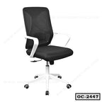 Ergonomic black mesh office chair with white armrests and adjustable swivel base on casters