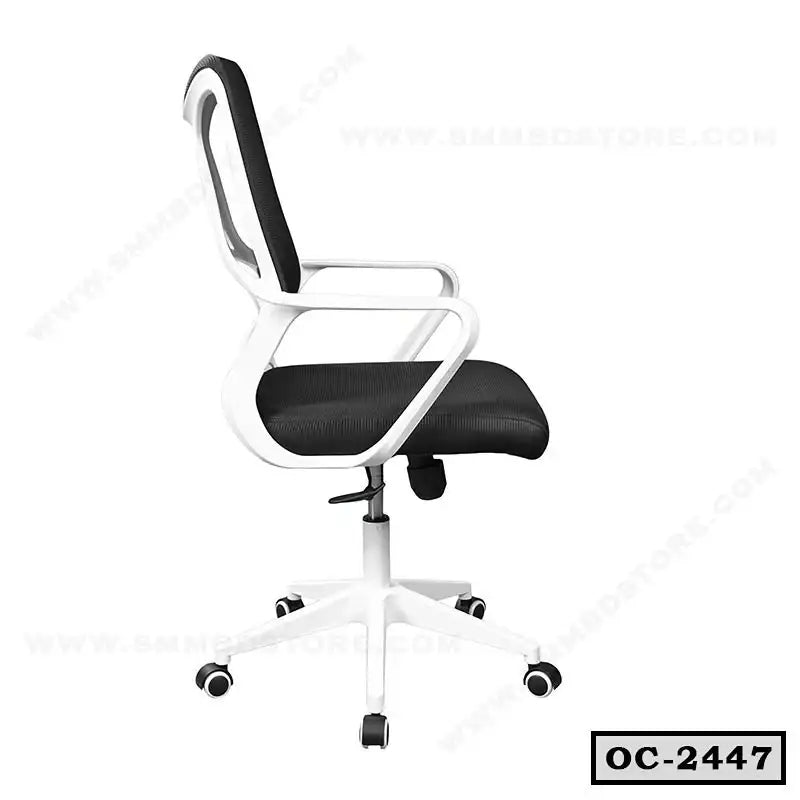 Modern ergonomic black office chair with white frame, mesh back, and adjustable height