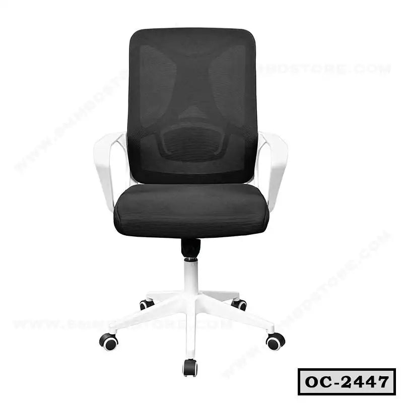 Black ergonomic office chair with mesh back, white armrests, and caster wheels