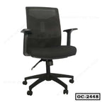 Black ergonomic office chair with mesh back, armrests, and wheeled base, model OC-2448