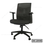 Black ergonomic office chair with mesh backrest and adjustable armrests on casters
