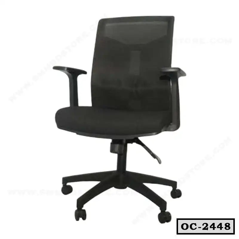 Black ergonomic office chair with mesh backrest and adjustable armrests on casters