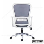 Ergonomic mesh office chair with white frame, armrests, and chrome swivel base