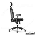 Ergonomic black office chair with adjustable armrests, mesh back, headrest, and wheels