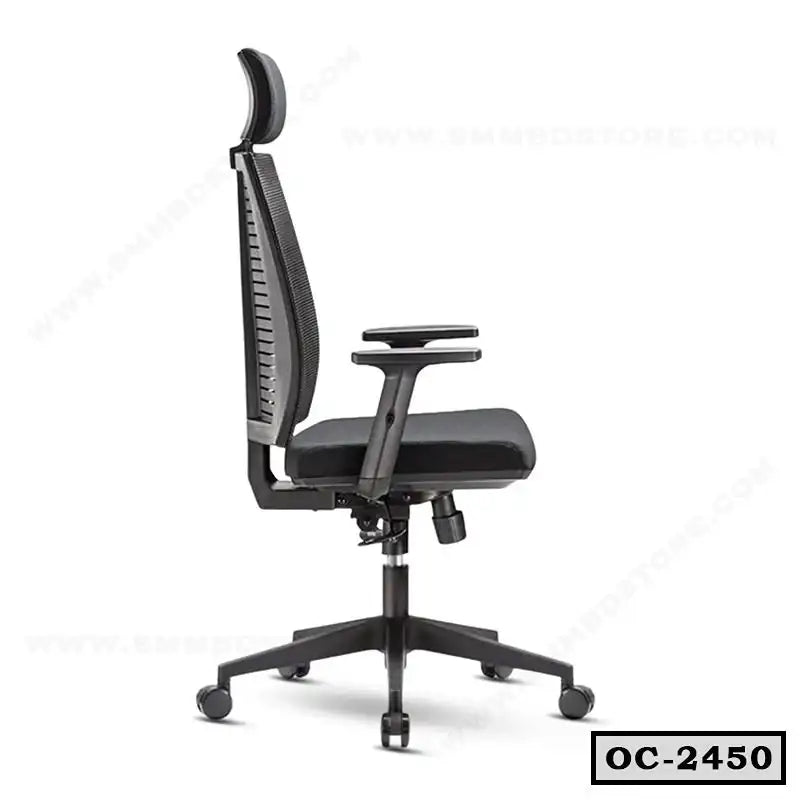 Ergonomic black office chair with adjustable armrests, mesh back, headrest, and wheels