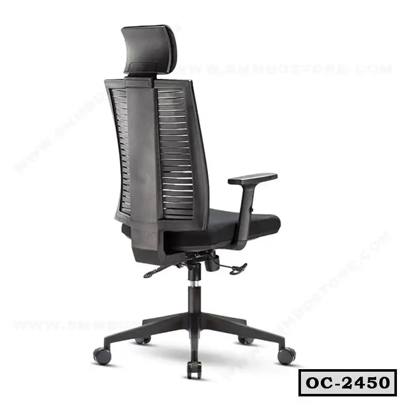 Modern ergonomic black office chair with mesh back, armrests, headrest, and wheels
