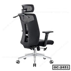 Ergonomic black office chair with adjustable headrest, mesh back, armrests, and wheels