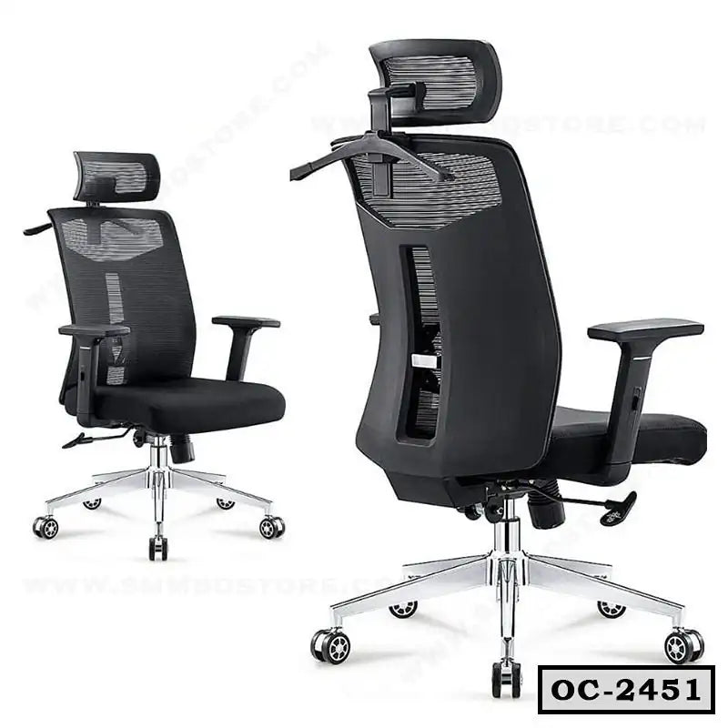Ergonomic black mesh office chair with adjustable armrests, headrest, and chrome base