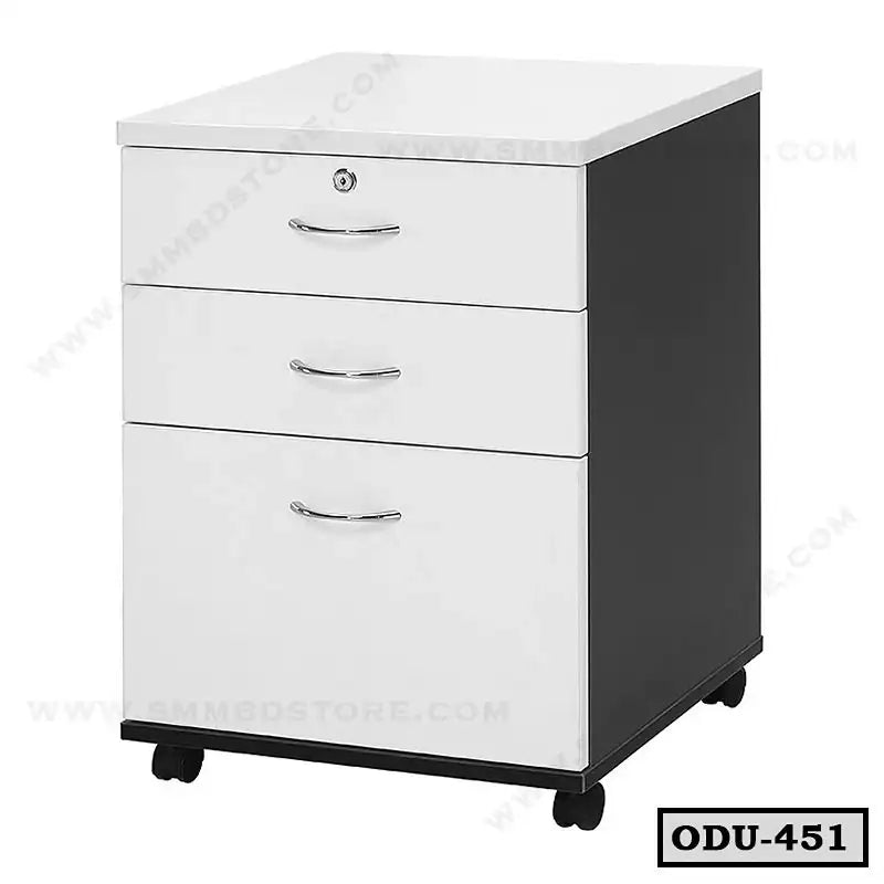 Office drawer unit with three white drawers, black sides, lockable top drawer, and wheels