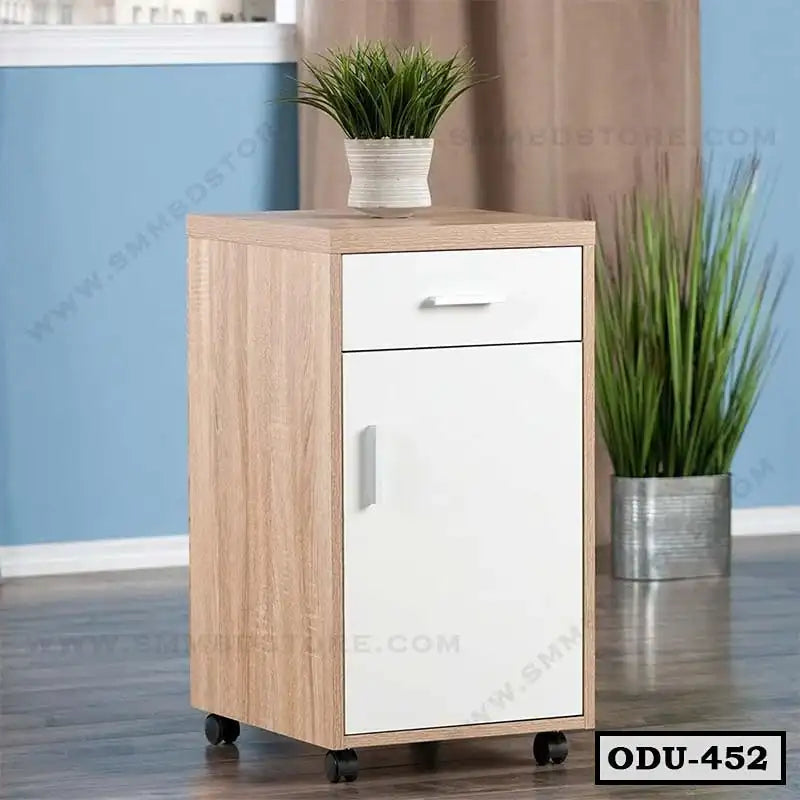 Modern wooden office drawer unit with white front, wheels, and indoor plant decor