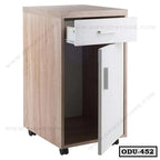 Wood and white office drawer unit with wheels, open drawer and cabinet, modern design