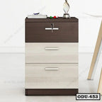 Modern two-tone office drawer unit with three drawers, lockable top, and metal handles