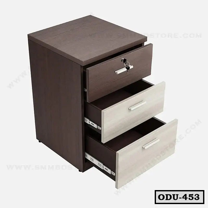 Modern three-drawer office cabinet with lock, dark and light wood finish