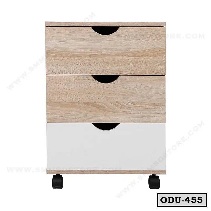 Modern office drawer unit with three drawers and wheels, light wood and white finish Main image
