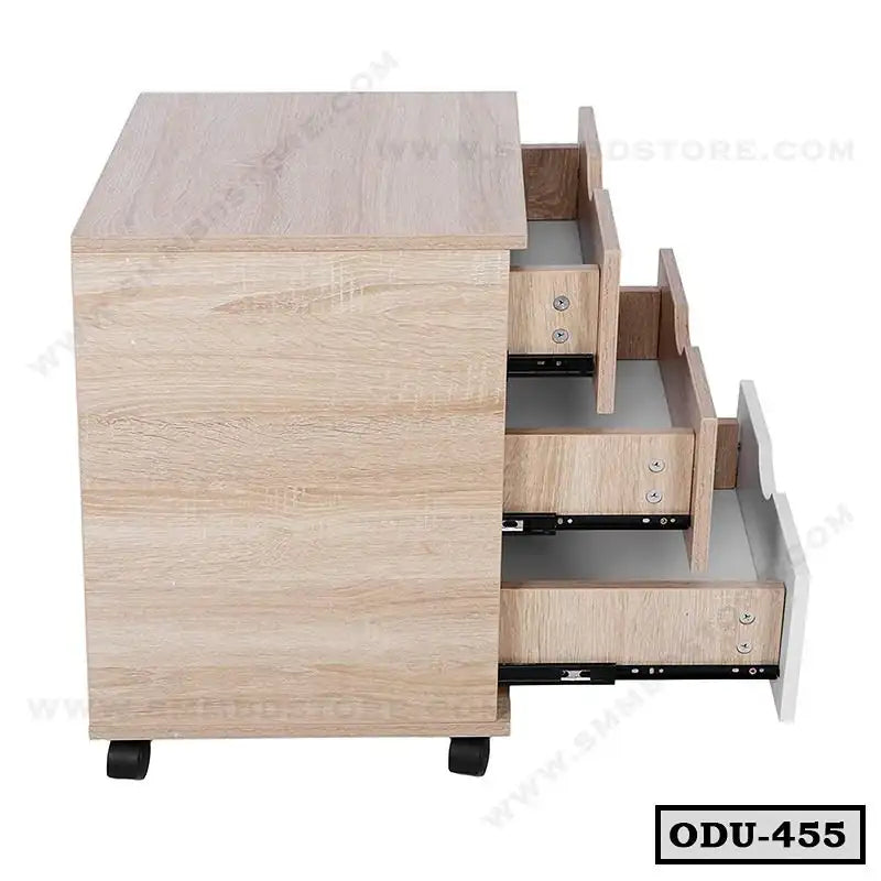 Wooden office drawer unit with three open drawers and wheels, modern storage furniture
