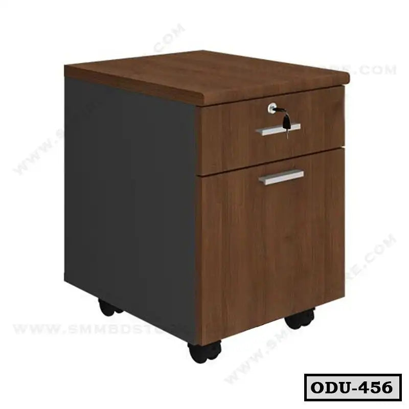 Two-drawer wooden office drawer unit with lock and wheels, modern filing cabinet.
